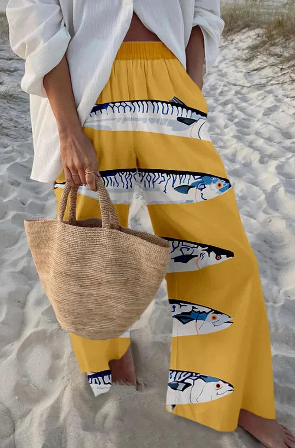 Ladies Beach Pants High Quality Pure Cotton Fabric Blue Fish Graphic Printing Chic Trend Fashion New Loose Wide Leg Trousers