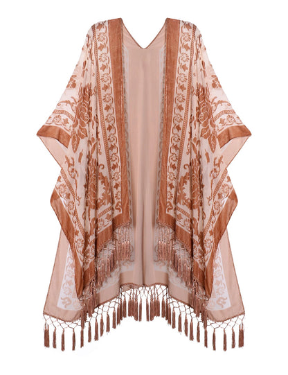 Wehello Bohemian Burnt Plush Kimono Women'S Long Purple Tassel Beach Cover-Up  Holiday Casual Cardigan Shawl Jypf-20