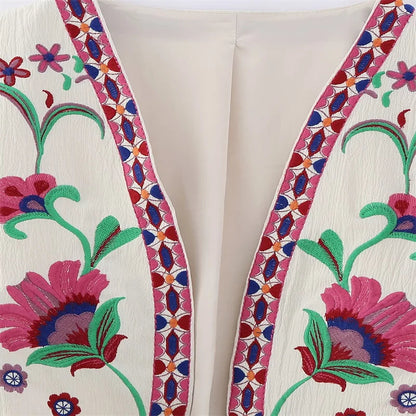 Women Vintage Floral Embroidered Open Waistcoat Ladies National Style Vest Jacket Outfits Casual Vacation Crop Top