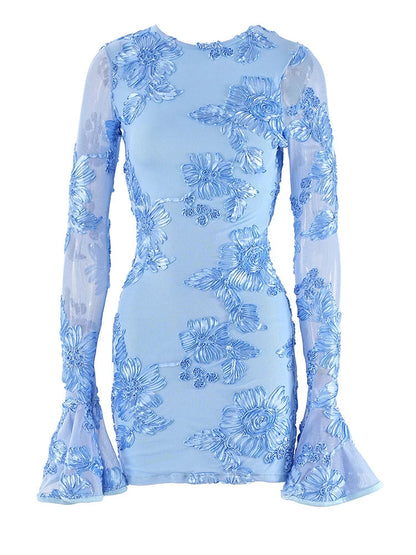 Glam Rose Pink Floral Backless Short Party Dress Elegant Party Dresses For Women Long Sleeve Embroidered Birthday Dress