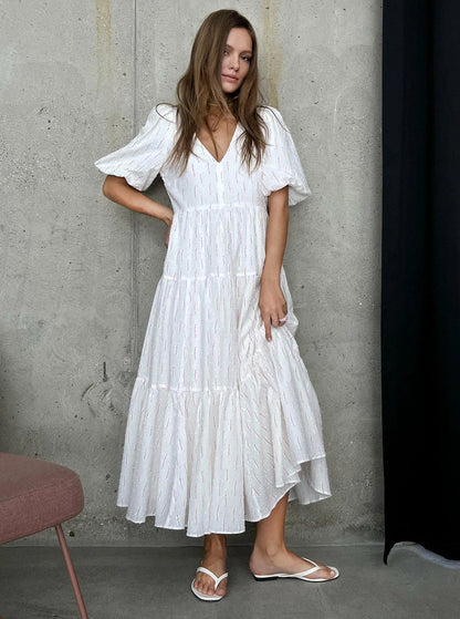 Vintage Women'S Cotton Dress 100% V Neck Elegant White Floral Print Dress Midi Long Puff Sleeve Casual Summer Dresses For Women