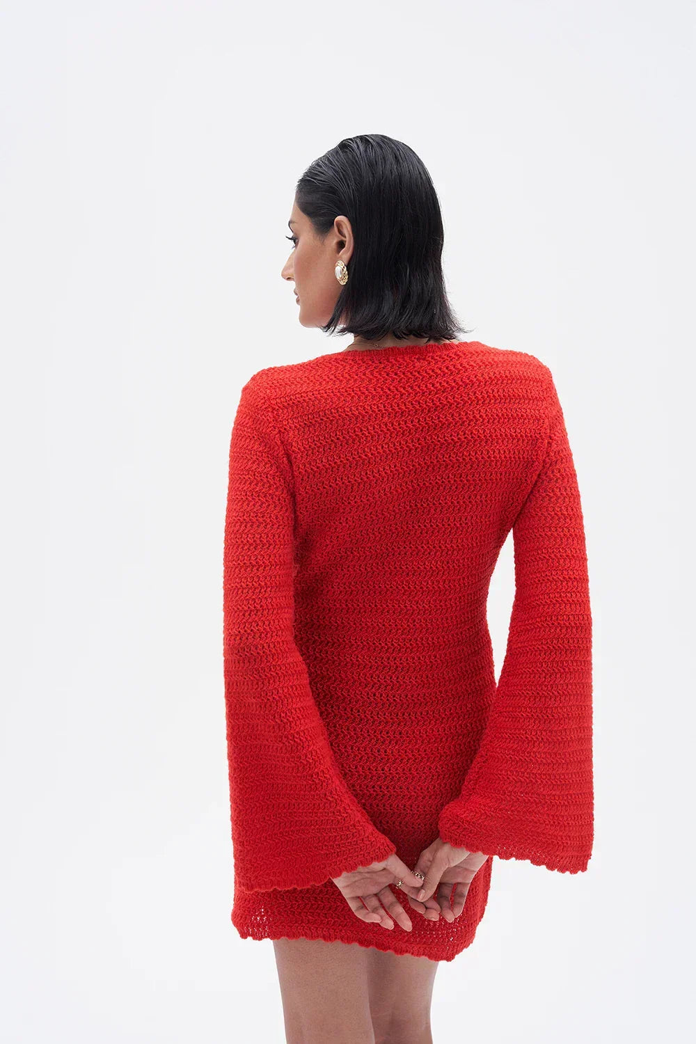 3D Flower Hand Crotch Full Flare Sleeve Sweater Dress
