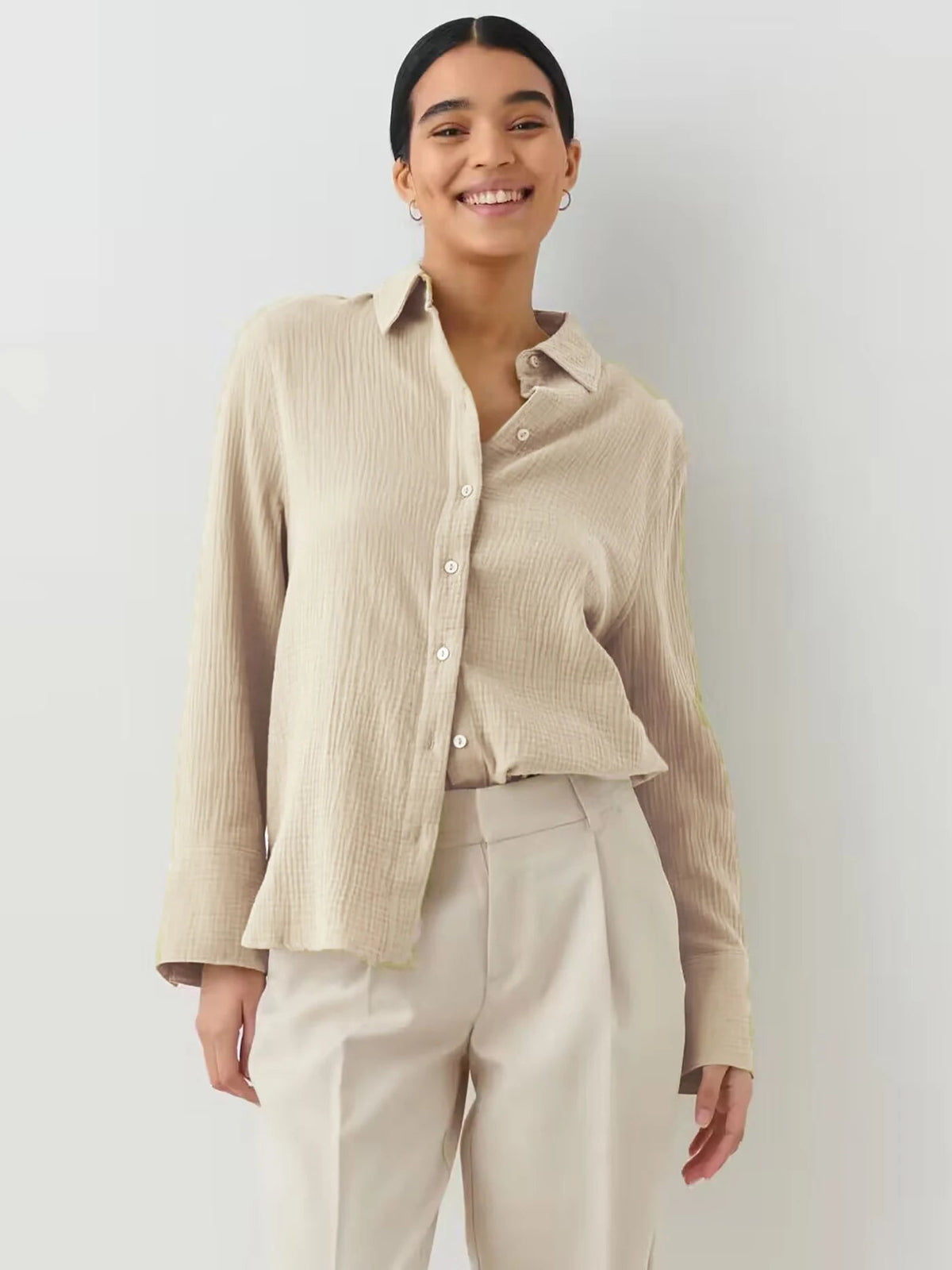 Bornladies 2025 Women'S Spring Summer 100% Cotton Shirts Office Lady  Fashionable Solid Lady Long Sleeve Loose Tops Crepe Shirts