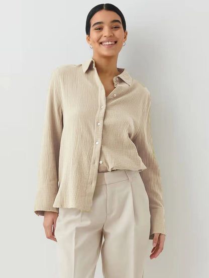Bornladies 2025 Women'S Spring Summer 100% Cotton Shirts Office Lady  Fashionable Solid Lady Long Sleeve Loose Tops Crepe Shirts
