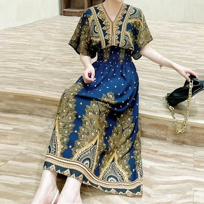 Casual Elegant Retro Bohemian National Style V-Neck Elastic  Waist Large Swing Printed Summer Long Skirt Woman Dress Clothes