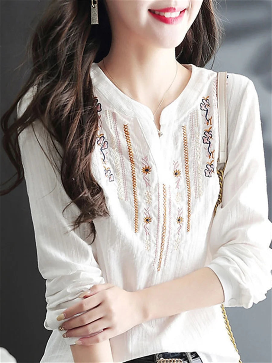 Women Spring Autumn White Blouses Tops Lady Casual Embroidery V-Neck Long Sleeve Vintage Loose Blusas Top Df4272