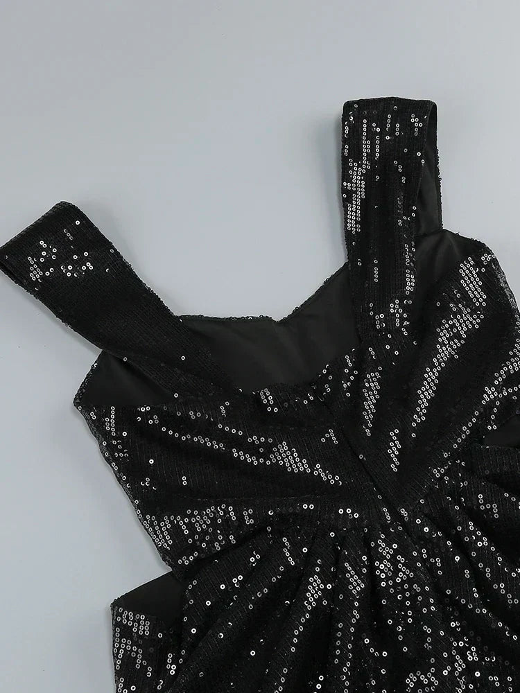 3D Flower Shiny Sequins Folds Long Dress