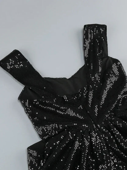 3D Flower Shiny Sequins Folds Long Dress