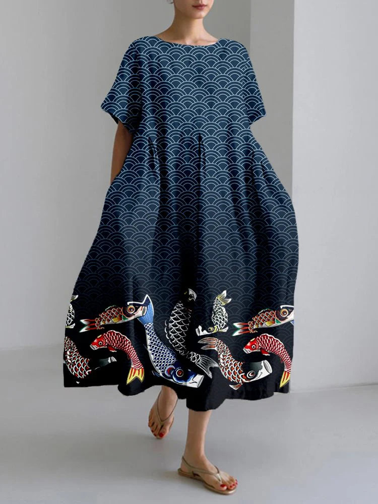 New Women'S Round Neck Long Casual Dress Summer Large Size Fresh Fish Print Dress Street Vacation Short-Sleeved Dress