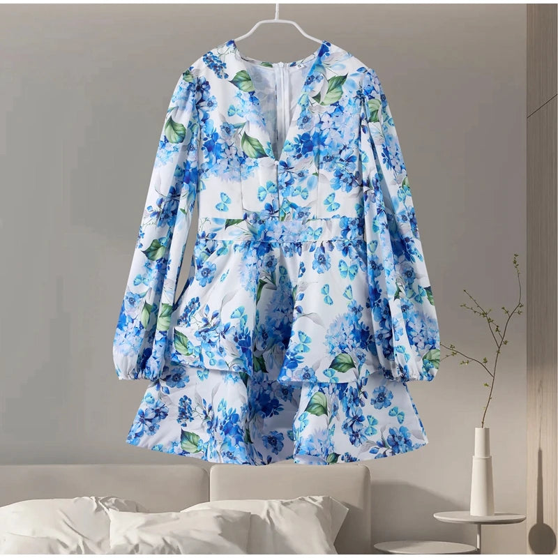 Elegant Print Ruffles Mini Dress Women Deep V Neck Long Sleeves A Line Dresses Female 2025 Spring New Fashion Fluffy Robe Lady