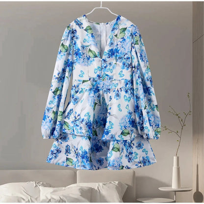Elegant Print Ruffles Mini Dress Women Deep V Neck Long Sleeves A Line Dresses Female 2025 Spring New Fashion Fluffy Robe Lady