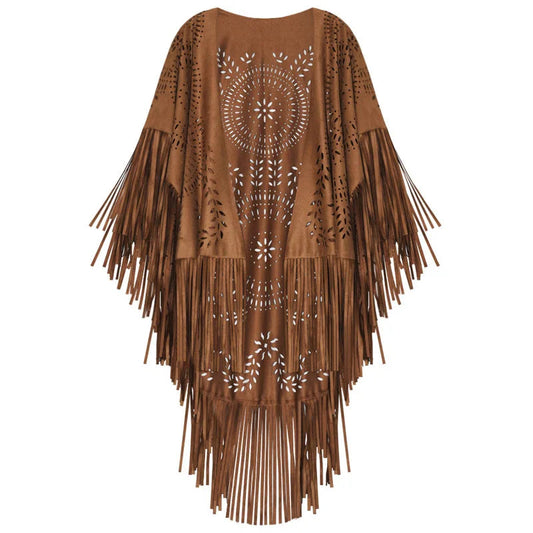 Camel Suede Floral Hollow Out Fringe Tassel Shawl Women Vintage Capes Ponchos Autumn Bohemian Cardigan Cloak Boho Capes