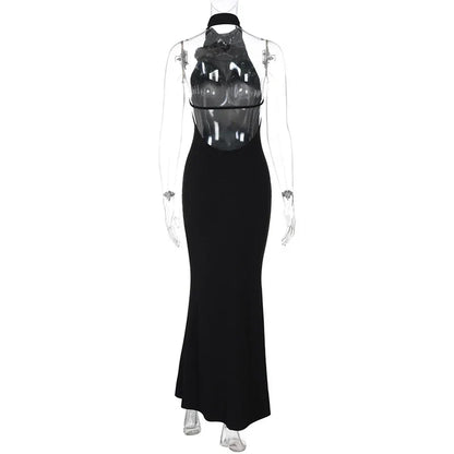 3D Flower Halter Backless Long Dress