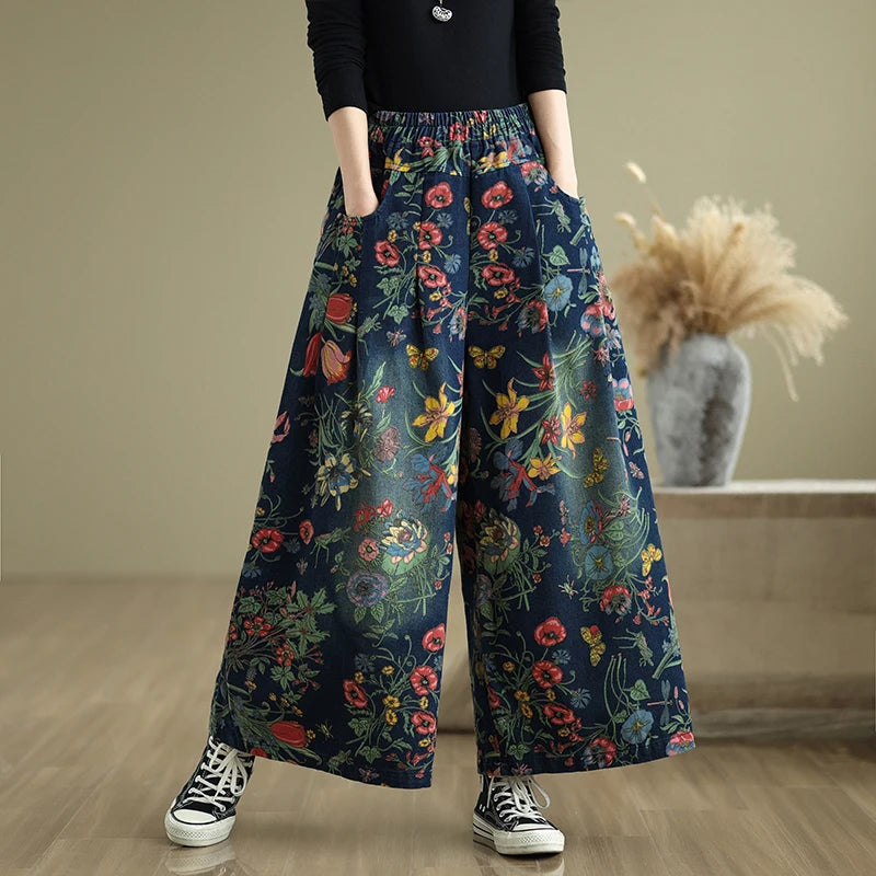 Plus Size Denim Wide Leg Pants Women'S Autumn Winter New Print Elastic Loose Slimming Casual Straight Cut Commute Sle High ...
