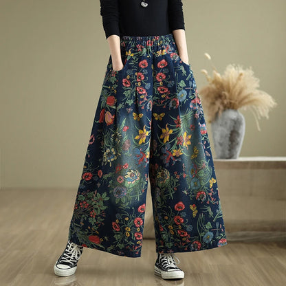 Plus Size Denim Wide Leg Pants Women'S Autumn Winter New Print Elastic Loose Slimming Casual Straight Cut Commute Sle High ...
