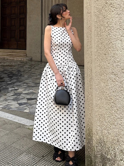 Elegant Women Polka Dot Maxi Dresses Chic Sleeveless Round Neck High Waist Slim Long Vestidos 2025 Lady Party Street New Dress