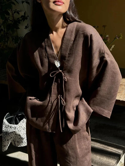 Summer Brown Cotton Linen Loose Pants Sets Fashion V-Neck Lace Up Long Sleeve Shirt Suit 2025 New Women'S Casual 2 Piece Outfits
