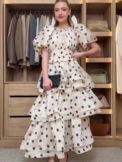 Chic Puffy Layered Ruffles Polka Dot Print Skirt Sets Women Elegant O-Neck Bubble Short Sleeve Tops Suit Lady Evening Partywear