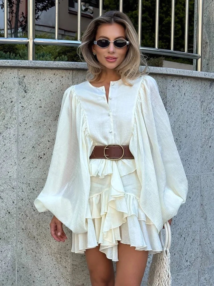 Irregular Ruffled Edge Buttons Lantern Sleeve Dress Women Chic Pleated Chiffon O Neck Mini Gowns Lady High Street Vestidos 2025