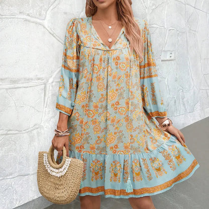 Canwedance Women'S Bohemian Printed Dress V Neck Chic Short Dress Loose Fit Viscose Holiday Dresses Femme Hippie Vestidos