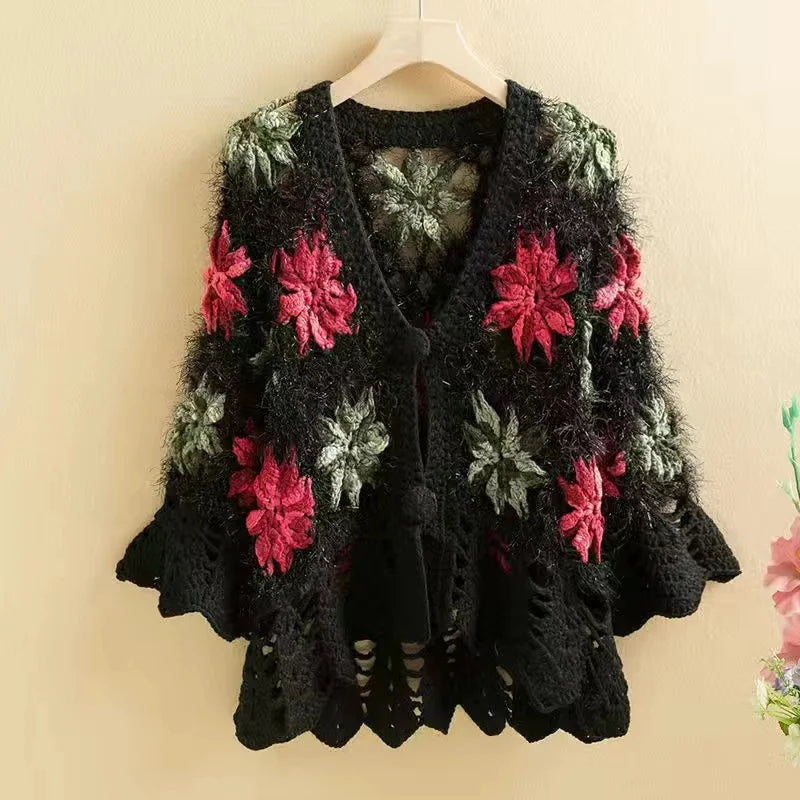Three-Dimensional Flower Openwork Crocheted Sweater Cardigan Women'S Spring And Autumn New Heavy Industry Joker Sweater 3Xl Coat