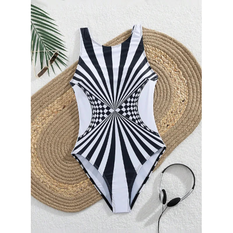 2025 New Sexy Strile One-Piece Stylish Swimsuit For Women O Neck Quick Dry Detachable Pads Brazilian Swimming Suit Bikini Set
