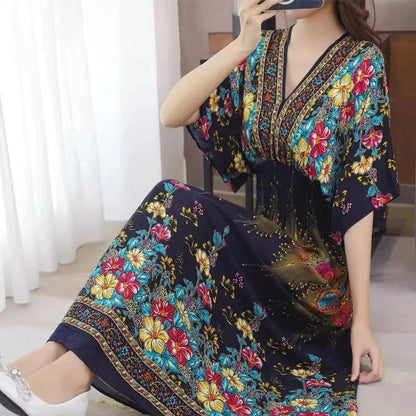 Casual Elegant Retro Bohemian National Style V-Neck Elastic  Waist Large Swing Printed Summer Long Skirt Woman Dress Clothes