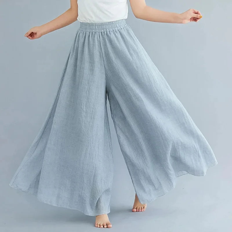 2024 Sen Women'S Artistic Plus Size Cotton Linen Pants Skirt Elastic Waist Solid Color Ethnic Style Wide Leg Pants Skirt