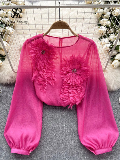 Spring Loose Satin Blouse Women O Neck Long Sleeves Sheer Bohemian Top 2024 Transparent 3D Floral Casual Shirt