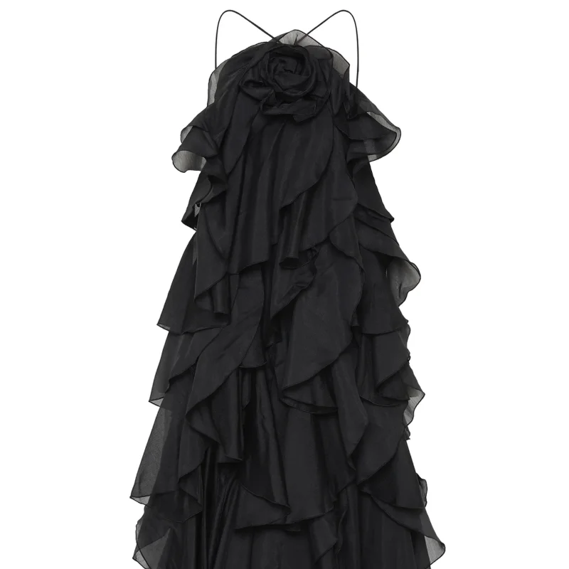 Beach Layer Ruffles Long Dress Women 3D Flower Backless Sleeveless Slim Fit Maxi Dresses Female 2025 Summer Lady Party Robes