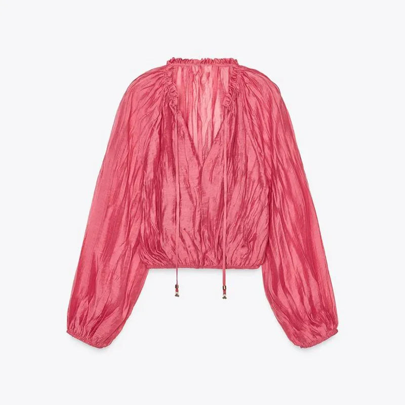 Loose Lace Up Ruched Skirts Sets Women V-Neck Lantern Sleeve Blouses Ruffles High Waist A-Line Skirt 2025 Summer Lady Outfits
