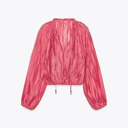 Loose Lace Up Ruched Skirts Sets Women V-Neck Lantern Sleeve Blouses Ruffles High Waist A-Line Skirt 2025 Summer Lady Outfits