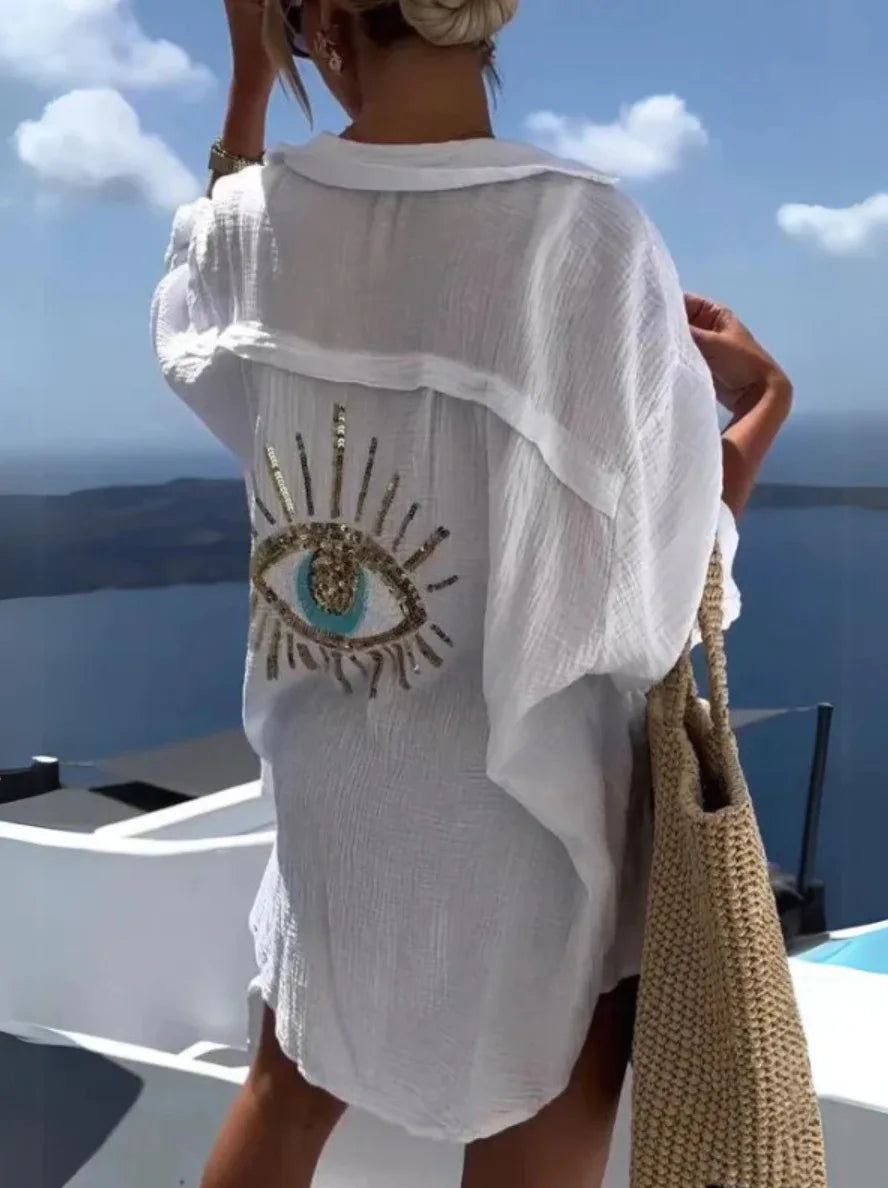 2024 Spring Oversize Women Shirt White Print Turn-Down Collar Long Sleeve Loose Blouses Female Casual Trendy Beach Lday Clothes