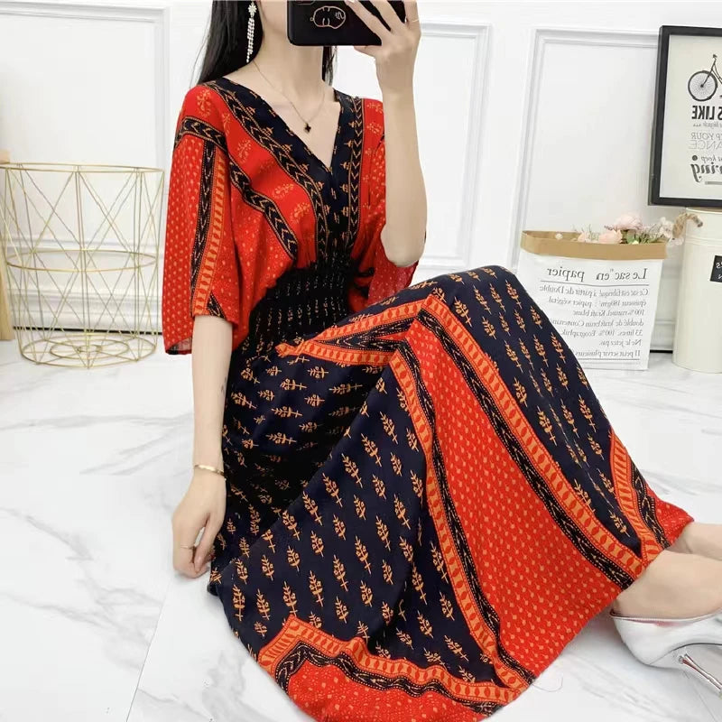 Casual Elegant Retro Bohemian National Style V-Neck Elastic  Waist Large Swing Printed Summer Long Skirt Woman Dress Clothes