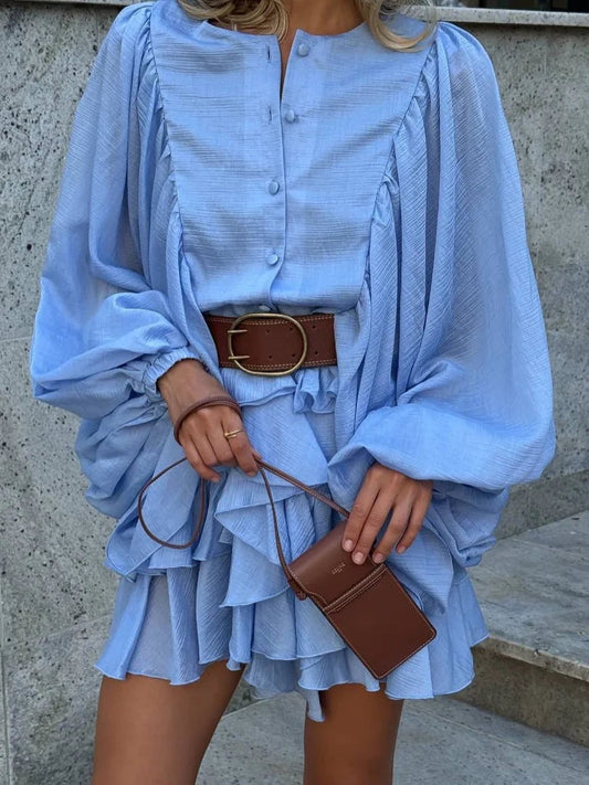 Irregular Ruffled Edge Buttons Lantern Sleeve Dress Women Chic Pleated Chiffon O Neck Mini Gowns Lady High Street Vestidos 2025