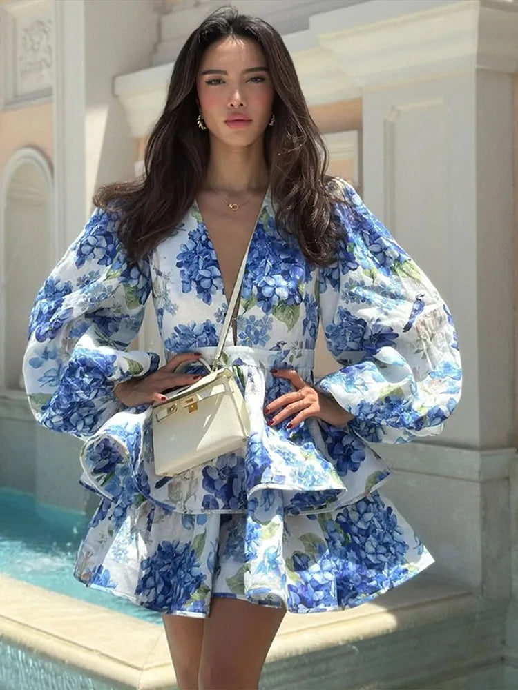 Elegant Print Ruffles Mini Dress Women Deep V Neck Long Sleeves A Line Dresses Female 2025 Spring New Fashion Fluffy Robe Lady