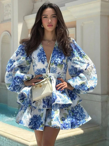 Elegant Print Ruffles Mini Dress Women Deep V Neck Long Sleeves A Line Dresses Female 2025 Spring New Fashion Fluffy Robe Lady