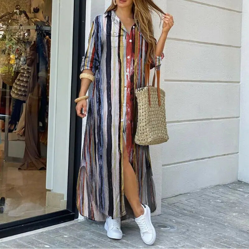 Spring And Autumn Women'S Fashion Plaid Printed Polo Neck Shirt Dress Elegant Denim Long Sleeve Button Pocket Loose Long Dreess