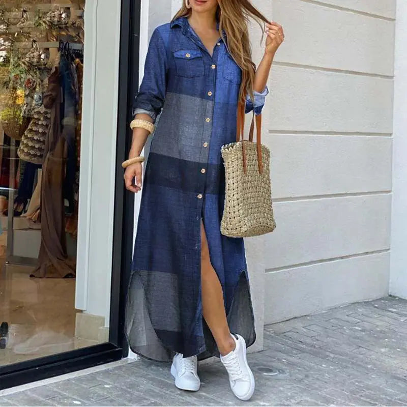 Spring And Autumn Women'S Fashion Plaid Printed Polo Neck Shirt Dress Elegant Denim Long Sleeve Button Pocket Loose Long Dreess