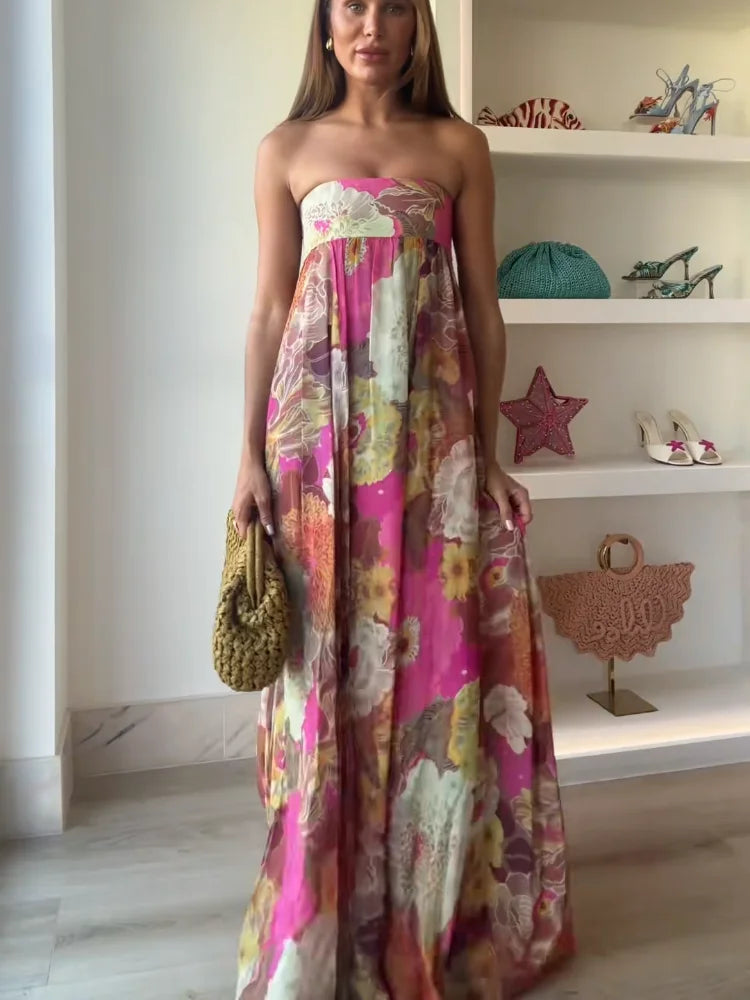 Casual Pleated Printed Strapless Maxi Dress Women Chic Sleeveless High Waist Loose Hem Long Dresses Summer New Lady Party Robes