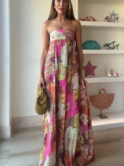 Casual Pleated Printed Strapless Maxi Dress Women Chic Sleeveless High Waist Loose Hem Long Dresses Summer New Lady Party Robes