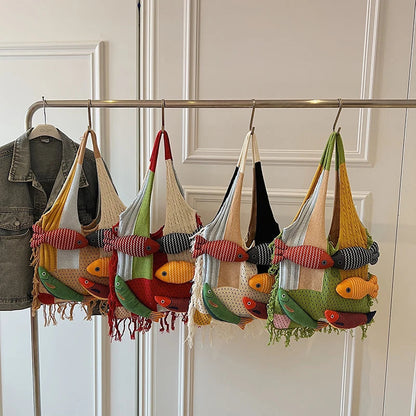 Cute Little Fish Relaxed Knitted Bag 2025 Summer New Commuter Versatile Shoulder Bag Contrasting Cut Out Tote Bag