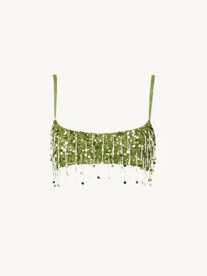 Sexy Sequin Tassels Beach Outfits Women Shiny Fashion Bikinis Sets Female 2025 Summer Holiday High Street Raves Sets 2 Pieces