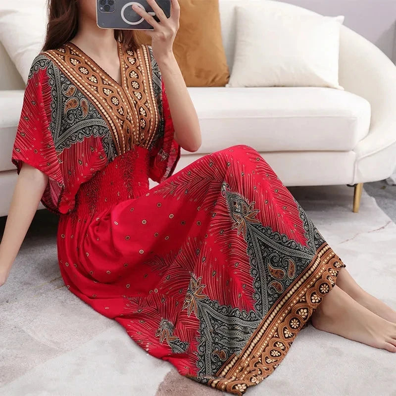 Casual Elegant Retro Bohemian National Style V-Neck Elastic  Waist Large Swing Printed Summer Long Skirt Woman Dress Clothes