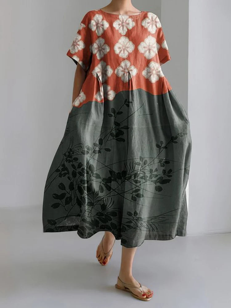 New Women'S Round Neck Long Casual Dress Summer Large Size Fresh Fish Print Dress Street Vacation Short-Sleeved Dress