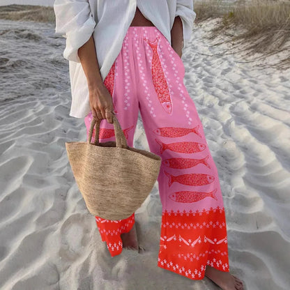 Ladies Beach Pants High Quality Pure Cotton Fabric Blue Fish Graphic Printing Chic Trend Fashion New Loose Wide Leg Trousers