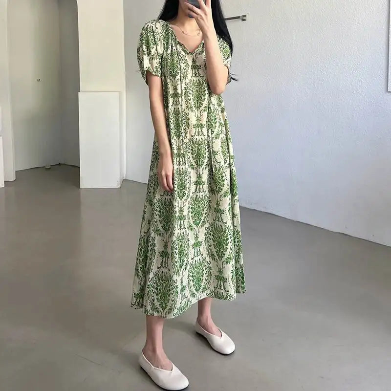 Holiday Summer Maxi Dress Women Fashion Short Sleeve Robe Vintage Printed Bandage O-Neck Sundress Casual Loose Vestidos
