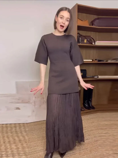 Elegant O Neck Short Sleeve Maxi Dress Women Fashion Solid Pleated Gauze Patchwork Dresses 2025 New Lady Office Commute Vestidos