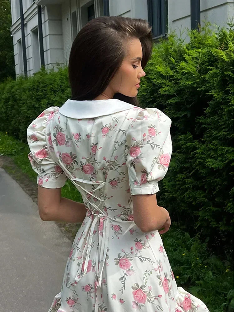Flower Printed Lapel Mini Dress Women Casual Daily Short Sleeved V Neck A-Line Fluffy Short Vestido 2025 New Summer Holiday Robe