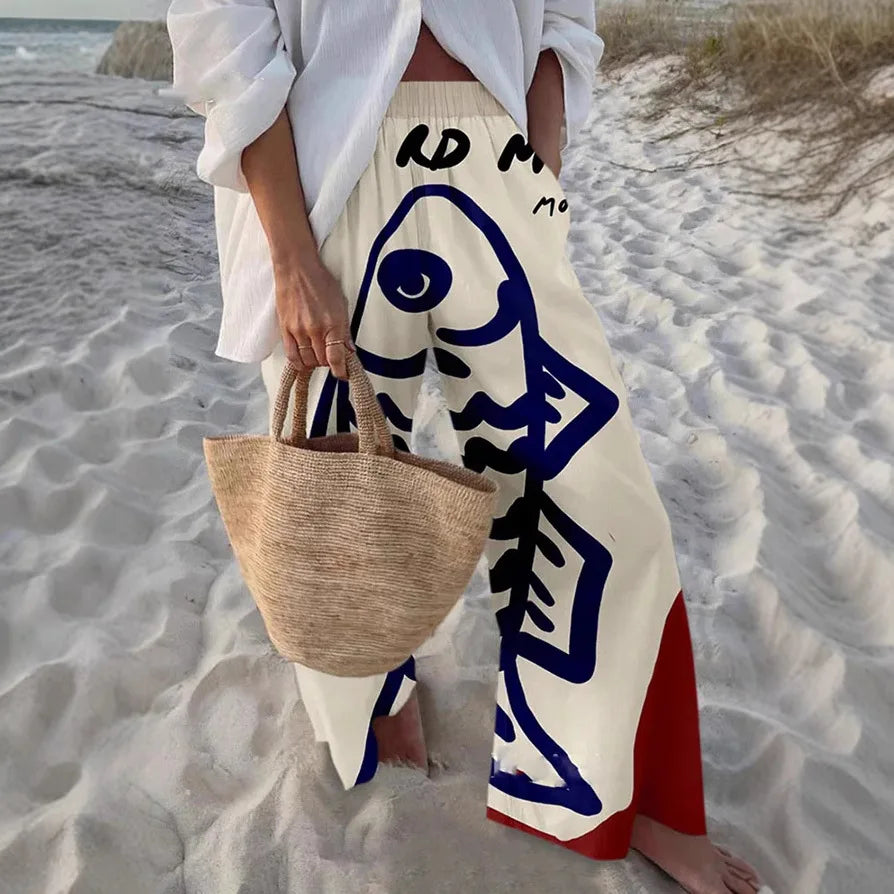 Ladies Beach Pants High Quality Pure Cotton Fabric Blue Fish Graphic Printing Chic Trend Fashion New Loose Wide Leg Trousers